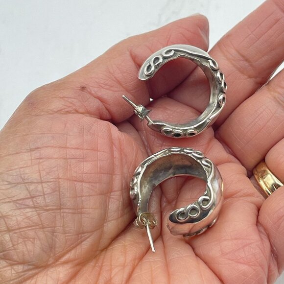Vintage Sterling Silver Half Hoop Earrings With Intricate Swirl Design - Picture 5 of 8